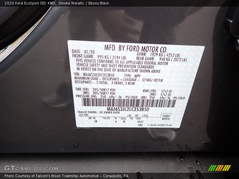 Smoke Metallic / Ebony Black 2020 Ford EcoSport SES 4WD