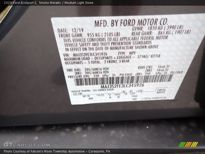 Smoke Metallic / Medium Light Stone 2020 Ford EcoSport S