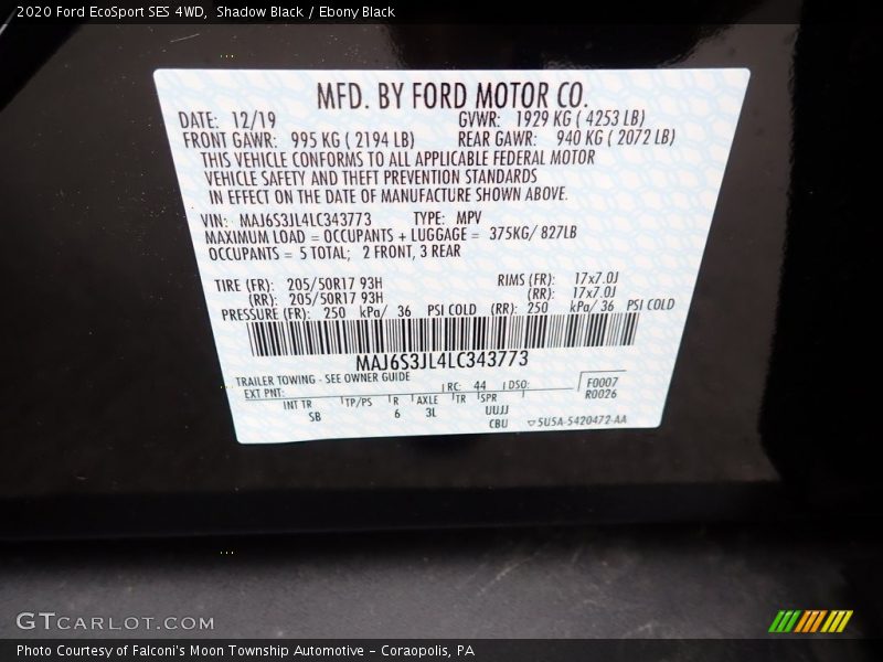 Shadow Black / Ebony Black 2020 Ford EcoSport SES 4WD