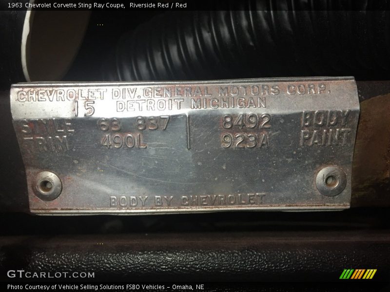 Info Tag of 1963 Corvette Sting Ray Coupe