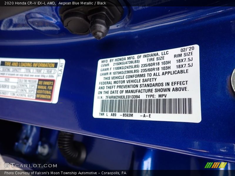 2020 CR-V EX-L AWD Aegean Blue Metallic Color Code B593M