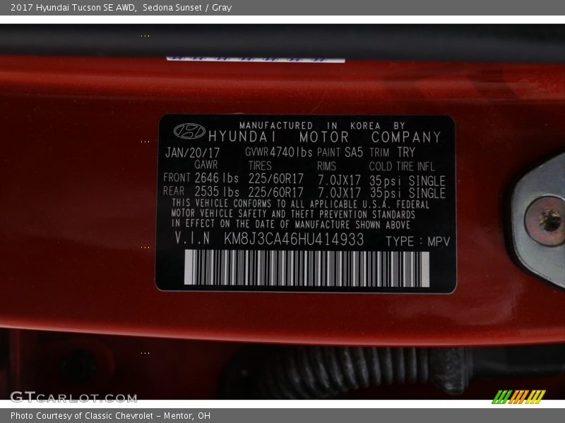 Sedona Sunset / Gray 2017 Hyundai Tucson SE AWD