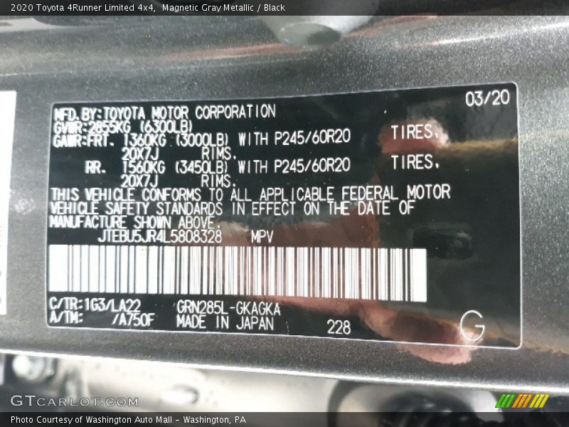 Magnetic Gray Metallic / Black 2020 Toyota 4Runner Limited 4x4