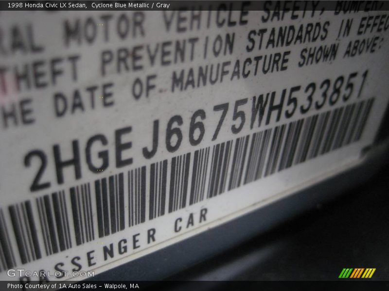 Cyclone Blue Metallic / Gray 1998 Honda Civic LX Sedan