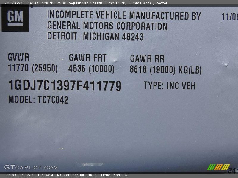 Summit White / Pewter 2007 GMC C Series TopKick C7500 Regular Cab Chassis Dump Truck
