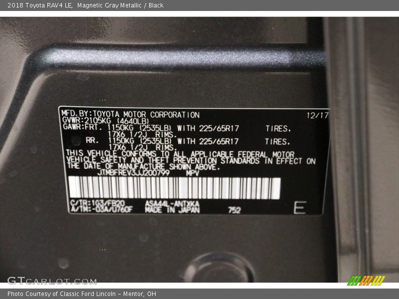 Magnetic Gray Metallic / Black 2018 Toyota RAV4 LE