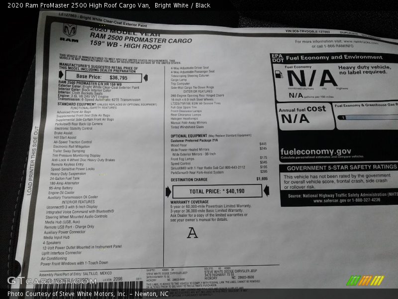 Bright White / Black 2020 Ram ProMaster 2500 High Roof Cargo Van