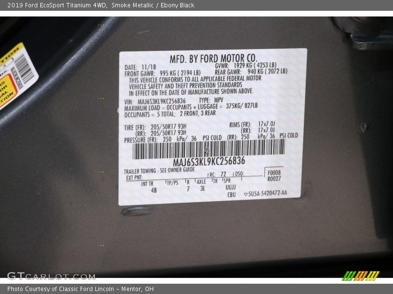 Smoke Metallic / Ebony Black 2019 Ford EcoSport Titanium 4WD