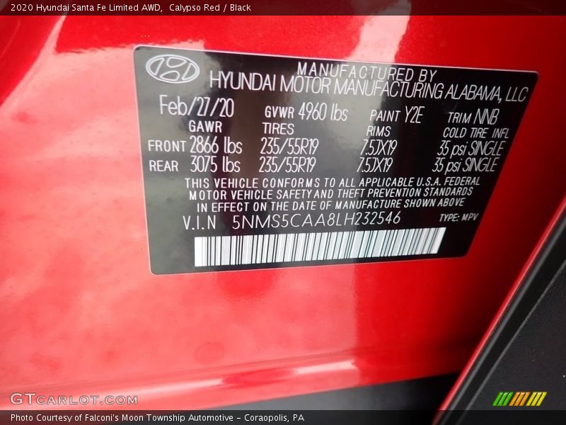 Calypso Red / Black 2020 Hyundai Santa Fe Limited AWD