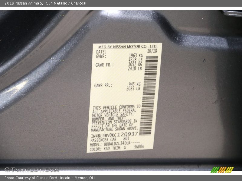 Gun Metallic / Charcoal 2019 Nissan Altima S