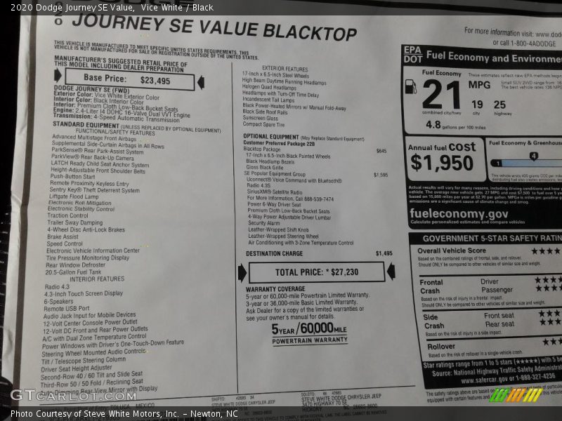 Vice White / Black 2020 Dodge Journey SE Value