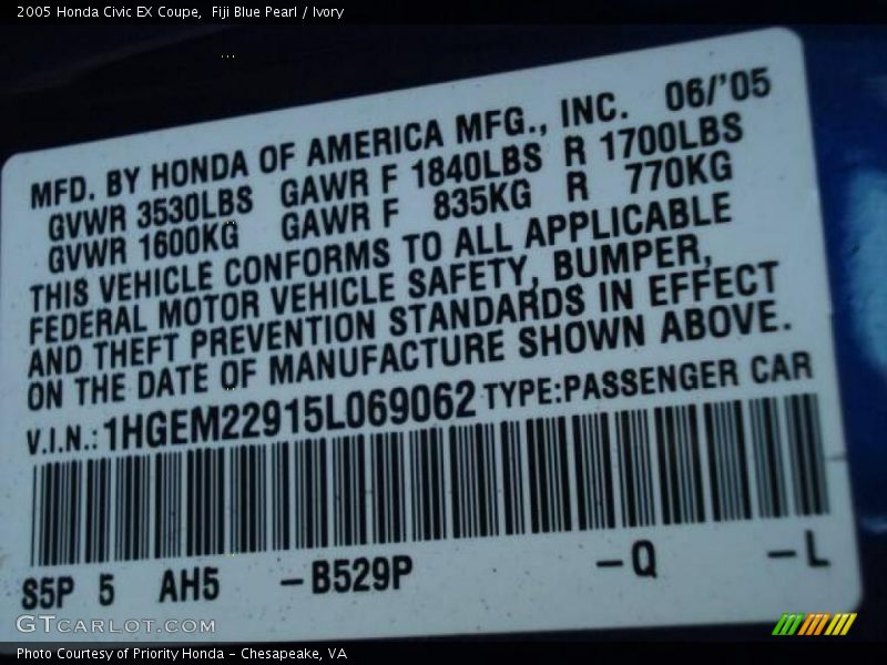 Fiji Blue Pearl / Ivory 2005 Honda Civic EX Coupe