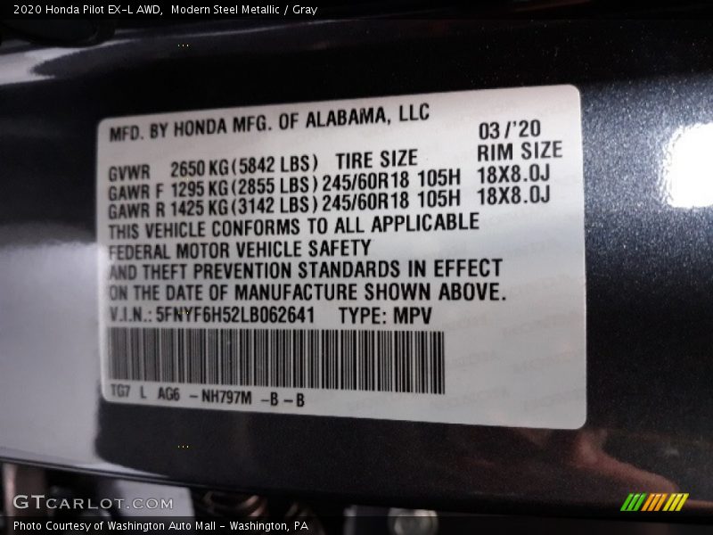 Modern Steel Metallic / Gray 2020 Honda Pilot EX-L AWD