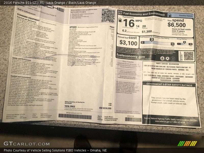 Lava Orange / Black/Lava Orange 2016 Porsche 911 GT3 RS