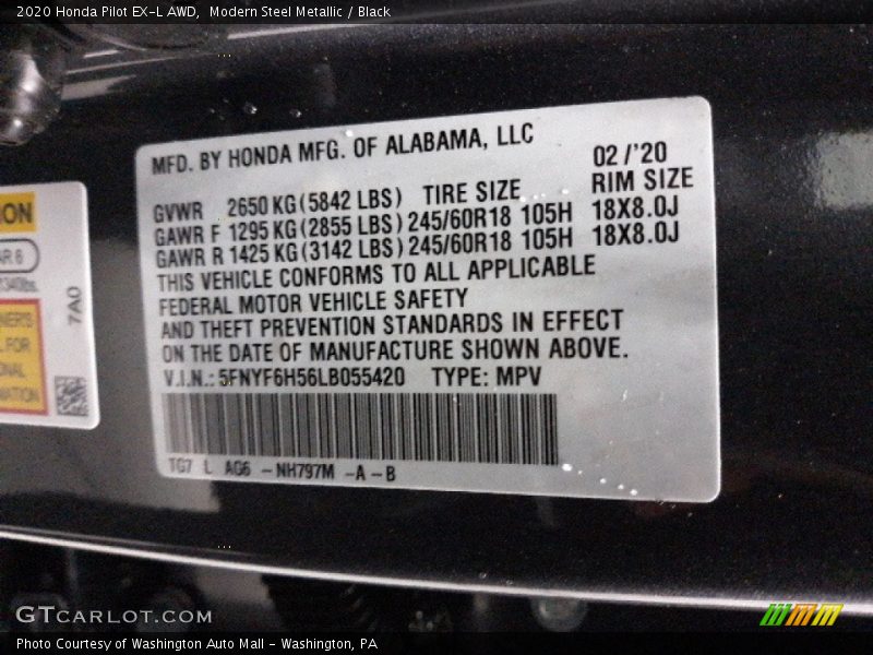 Modern Steel Metallic / Black 2020 Honda Pilot EX-L AWD