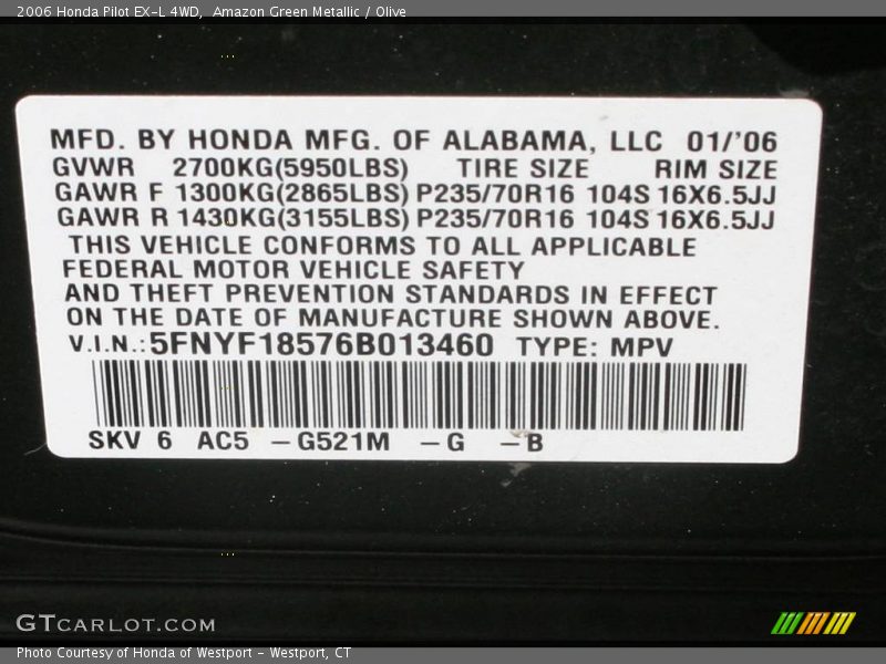 Amazon Green Metallic / Olive 2006 Honda Pilot EX-L 4WD