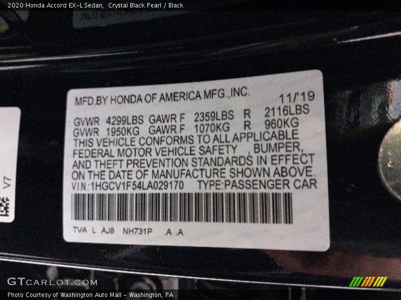 Crystal Black Pearl / Black 2020 Honda Accord EX-L Sedan