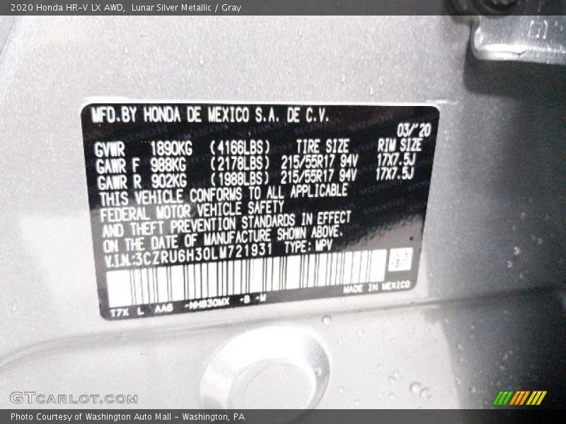 Lunar Silver Metallic / Gray 2020 Honda HR-V LX AWD