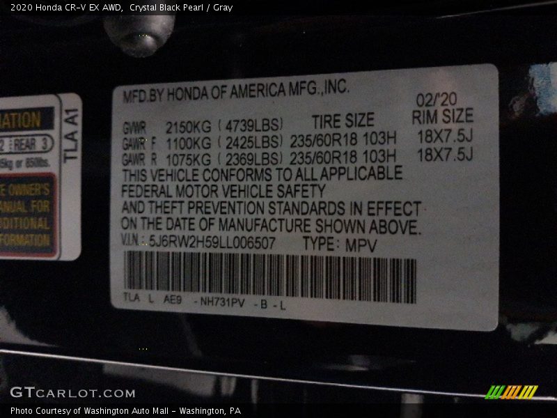Crystal Black Pearl / Gray 2020 Honda CR-V EX AWD