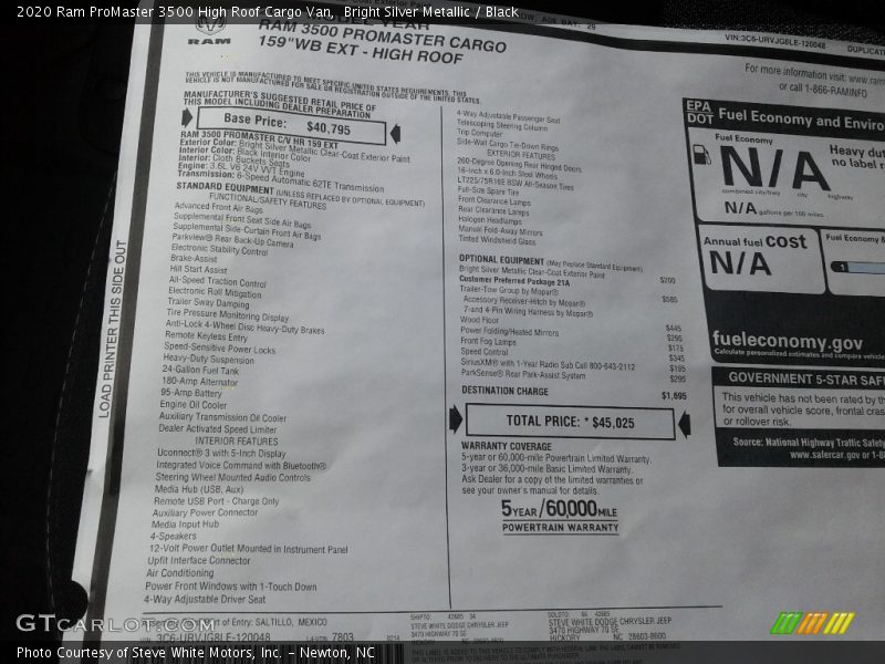  2020 ProMaster 3500 High Roof Cargo Van Window Sticker