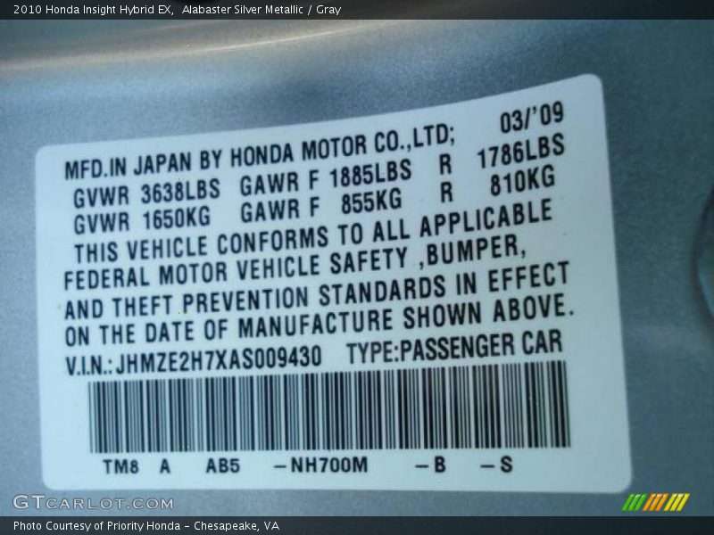 Alabaster Silver Metallic / Gray 2010 Honda Insight Hybrid EX