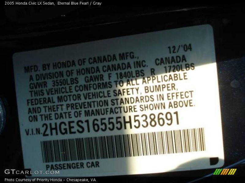 Eternal Blue Pearl / Gray 2005 Honda Civic LX Sedan