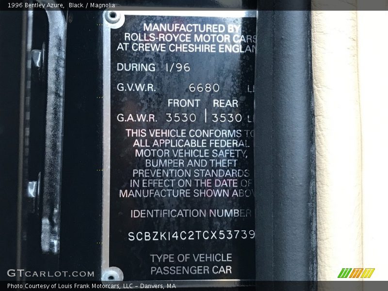 Info Tag of 1996 Azure 