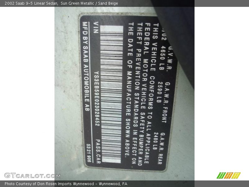 Sun Green Metallic / Sand Beige 2002 Saab 9-5 Linear Sedan