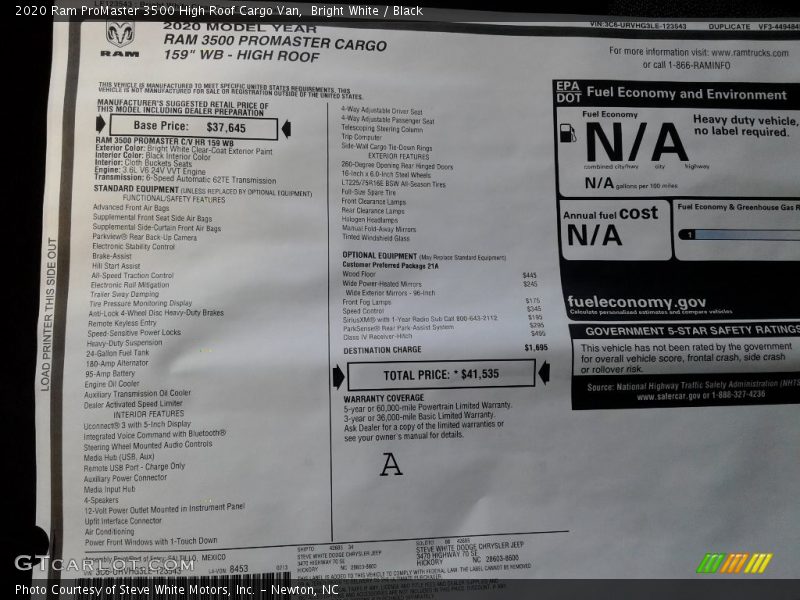  2020 ProMaster 3500 High Roof Cargo Van Window Sticker