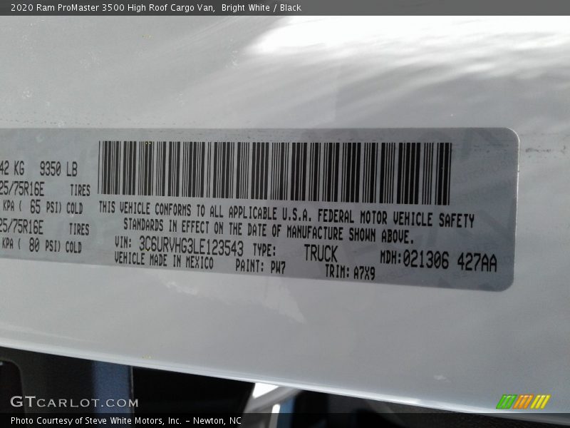 2020 ProMaster 3500 High Roof Cargo Van Bright White Color Code PW7