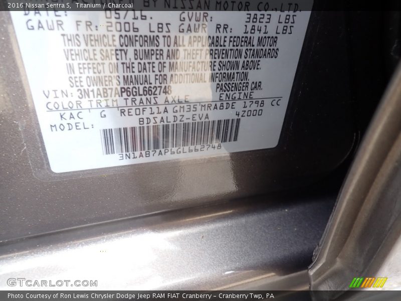 2016 Sentra S Titanium Color Code KAC
