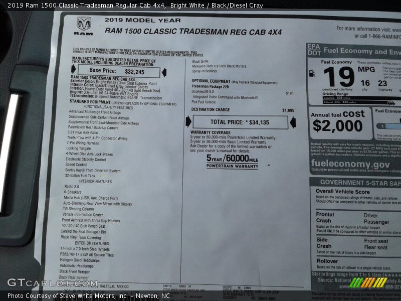  2019 1500 Classic Tradesman Regular Cab 4x4 Window Sticker