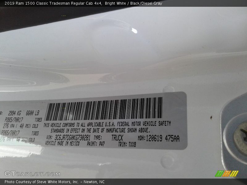 2019 1500 Classic Tradesman Regular Cab 4x4 Bright White Color Code PW7