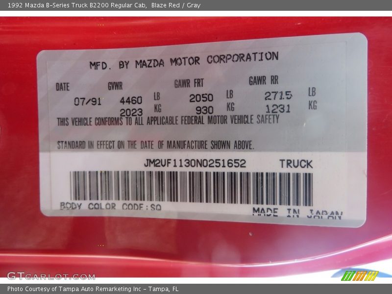 1992 B-Series Truck B2200 Regular Cab Blaze Red Color Code SQ