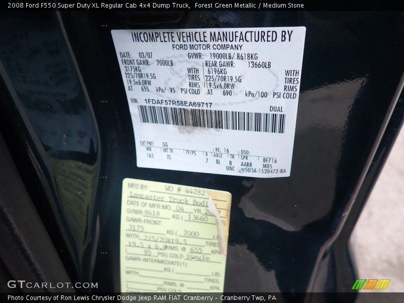 2008 F550 Super Duty XL Regular Cab 4x4 Dump Truck Forest Green Metallic Color Code GG