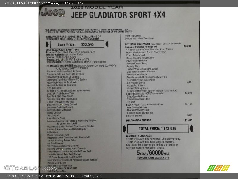 Black / Black 2020 Jeep Gladiator Sport 4x4