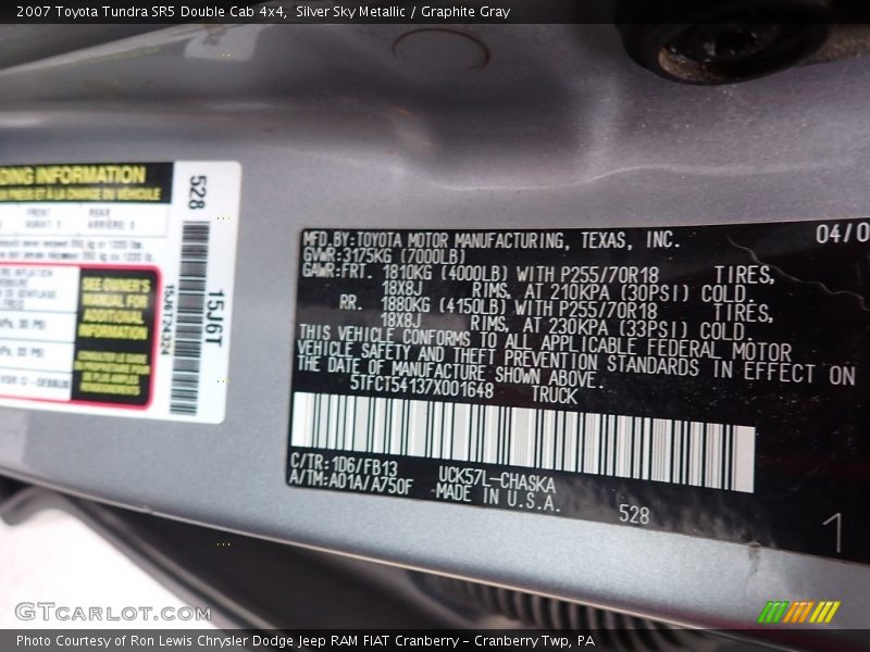 2007 Tundra SR5 Double Cab 4x4 Silver Sky Metallic Color Code 1D6