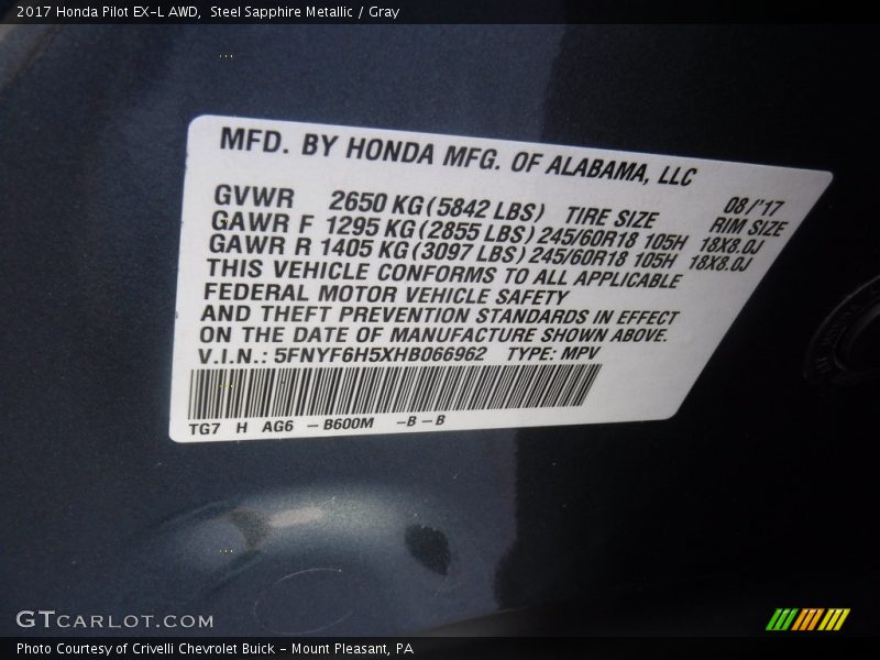 Steel Sapphire Metallic / Gray 2017 Honda Pilot EX-L AWD