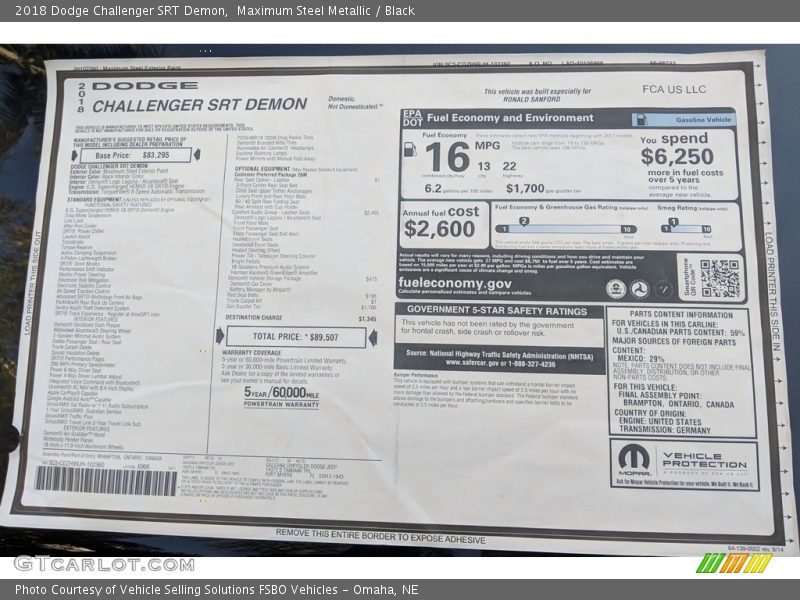  2018 Challenger SRT Demon Window Sticker