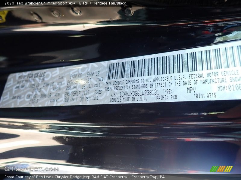 Black / Heritage Tan/Black 2020 Jeep Wrangler Unlimited Sport 4x4