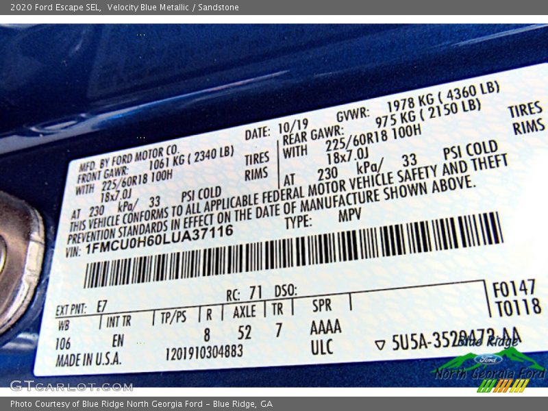 Velocity Blue Metallic / Sandstone 2020 Ford Escape SEL