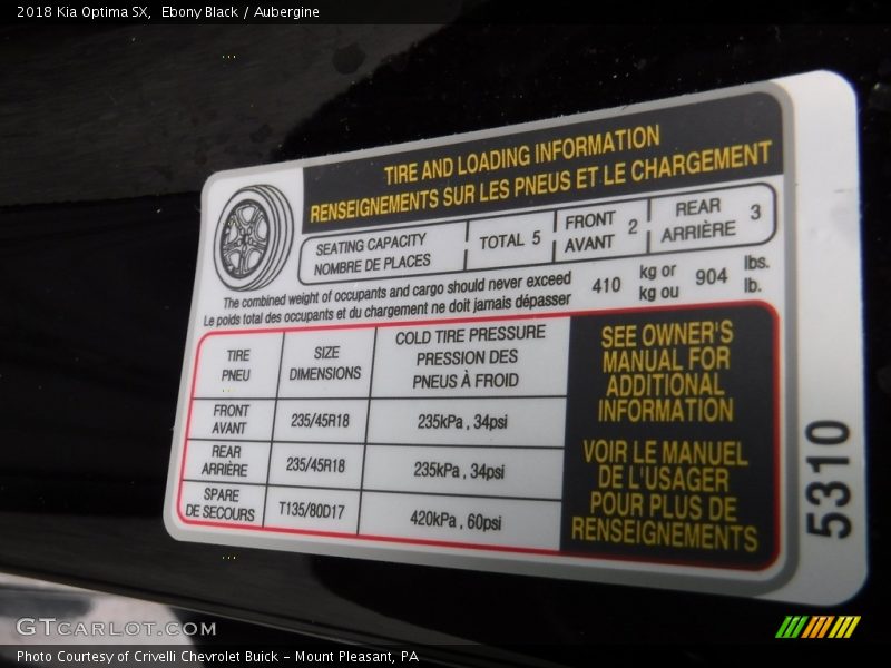 Info Tag of 2018 Optima SX