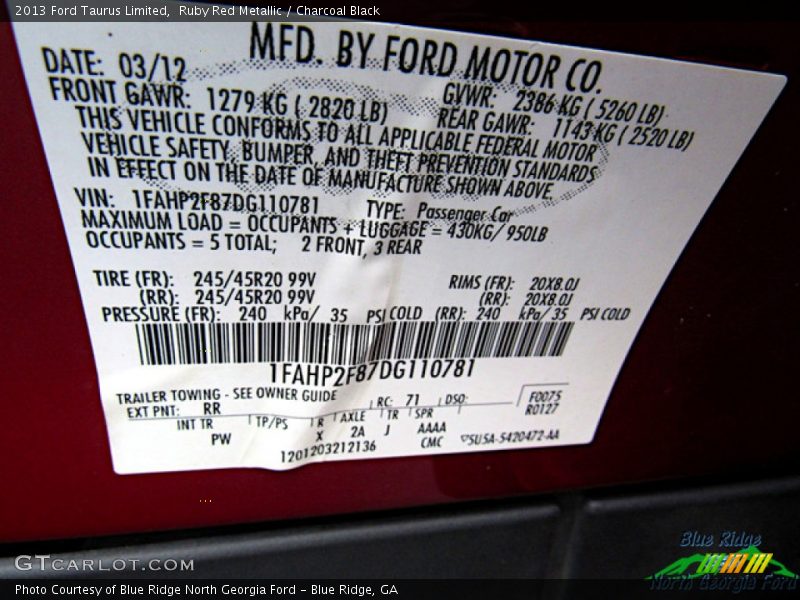 Ruby Red Metallic / Charcoal Black 2013 Ford Taurus Limited