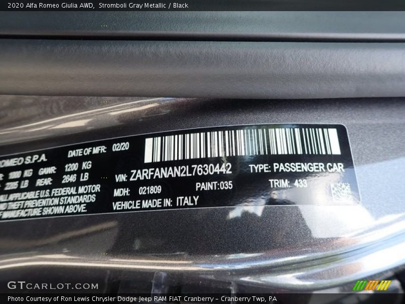 Stromboli Gray Metallic / Black 2020 Alfa Romeo Giulia AWD