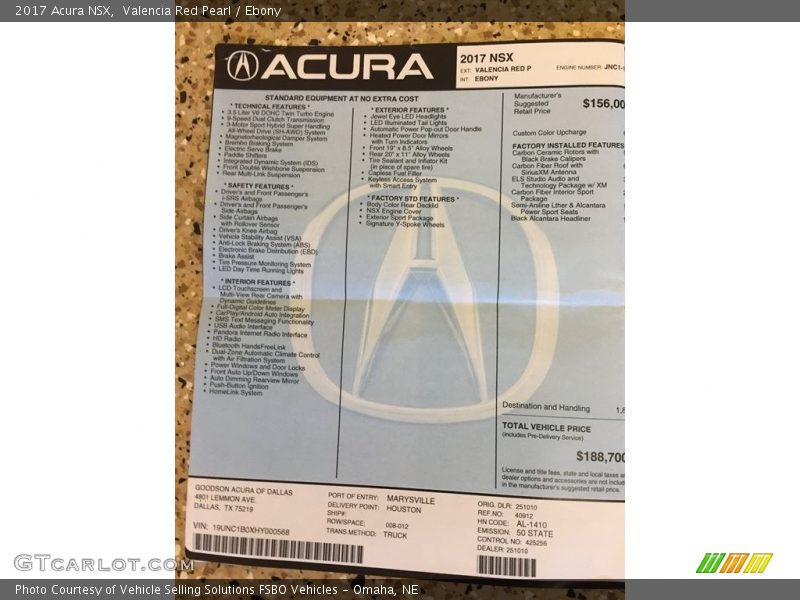  2017 NSX  Window Sticker