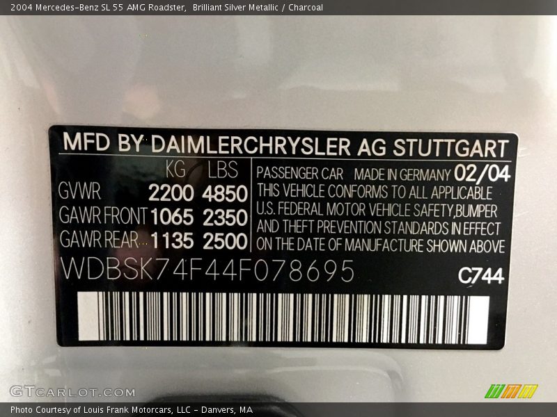 2004 SL 55 AMG Roadster Brilliant Silver Metallic Color Code 744