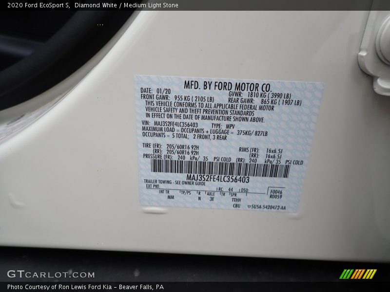 Diamond White / Medium Light Stone 2020 Ford EcoSport S