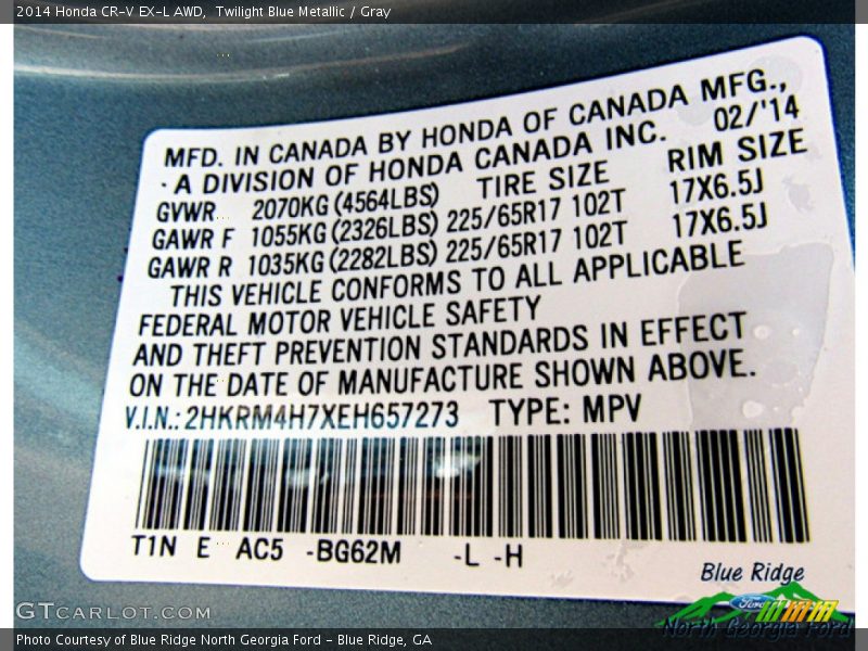 Twilight Blue Metallic / Gray 2014 Honda CR-V EX-L AWD
