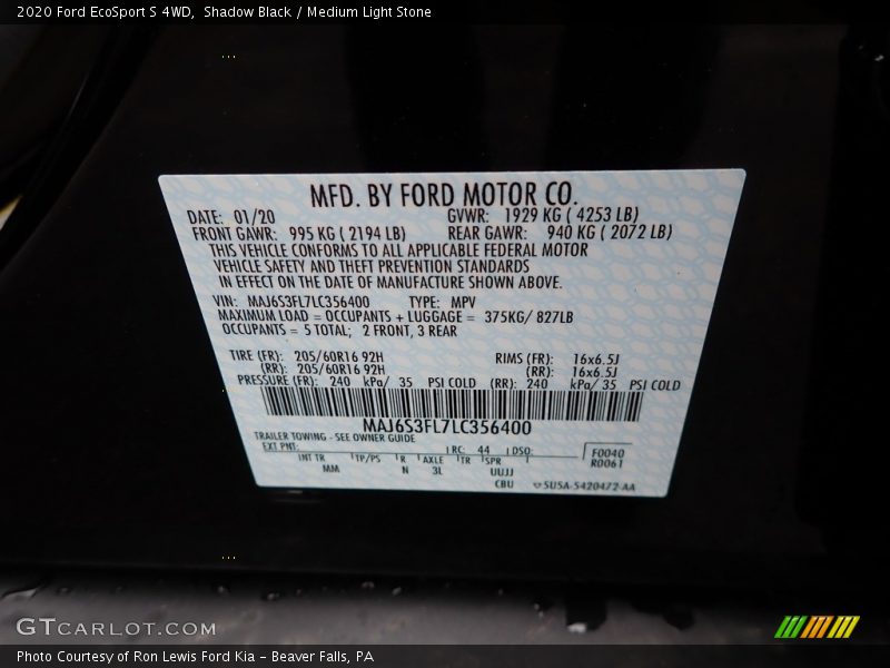 Shadow Black / Medium Light Stone 2020 Ford EcoSport S 4WD