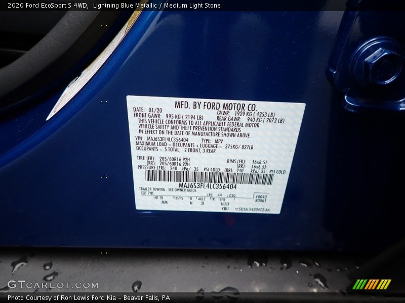 Lightning Blue Metallic / Medium Light Stone 2020 Ford EcoSport S 4WD